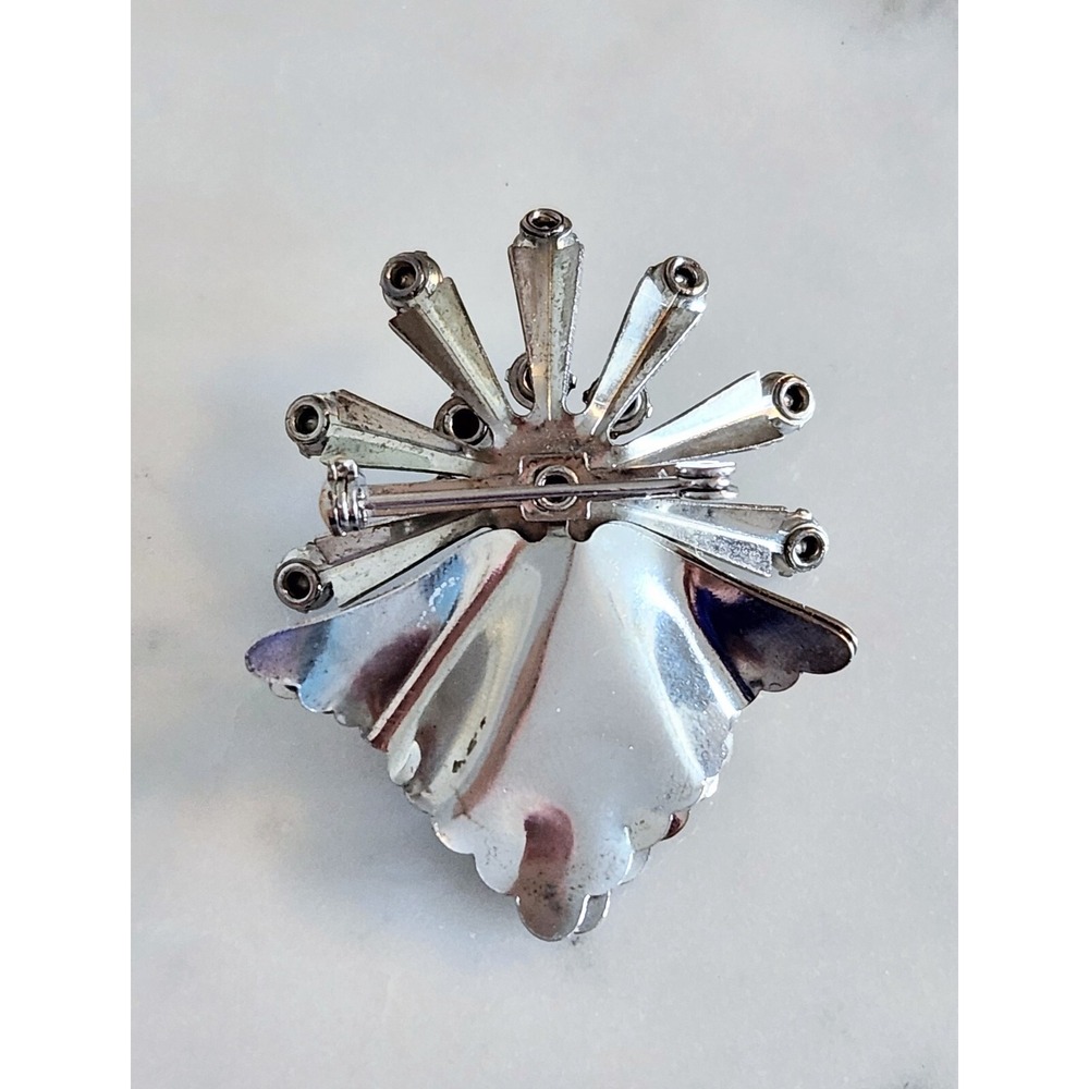 Vtg Light Blue Rhinestone SilverTone Brooch Pin Rivet Set MidCentury Mod Ruffle - Picture 4 of 6